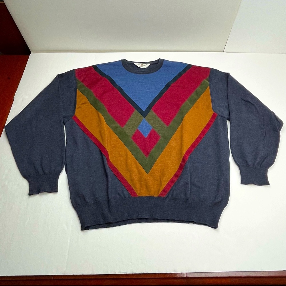 Dalmine Uomo Pure New Wool Pullover Sweater Abstract Blue Red Gold Mens XXXL 90s